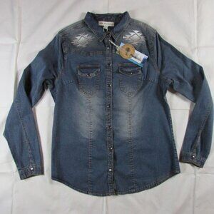 Montana Clothing Co Women's Long Sleeve Snap Aztec Embroidered Denim Shirt